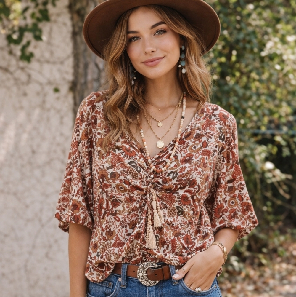 Sam Edelman Rust Floral Tie-Front Blouse